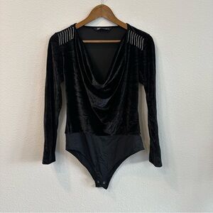 Zara Cowl Neck Rhinestone Fringe Velvet Bodysuit 135